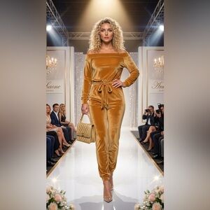 Elegant Velvet Gold Off-Shoulder Jumpsuit